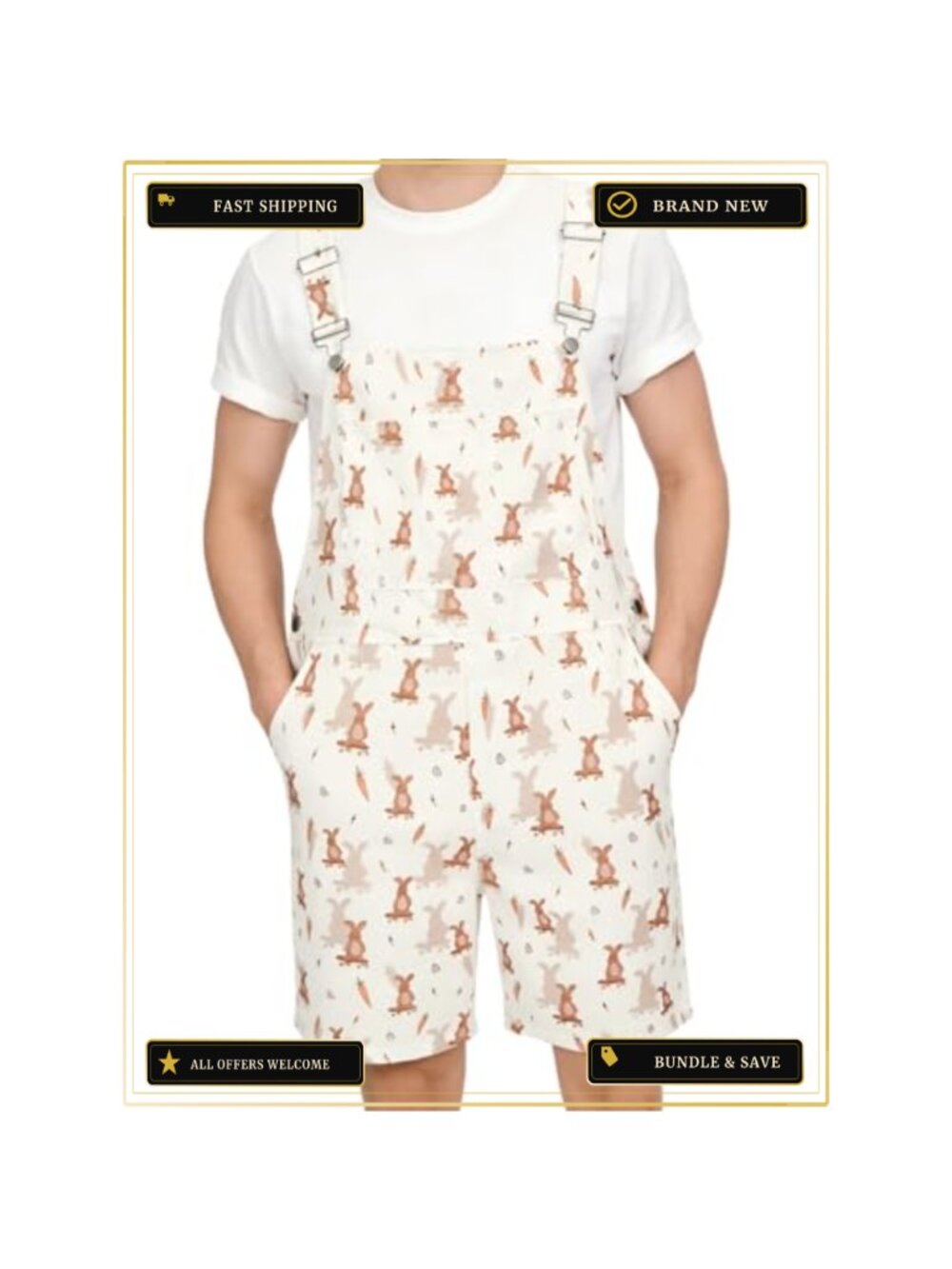 Men's Easter Bunny Print Overalls Shorts Suspender Romper Jumpsuit Casual